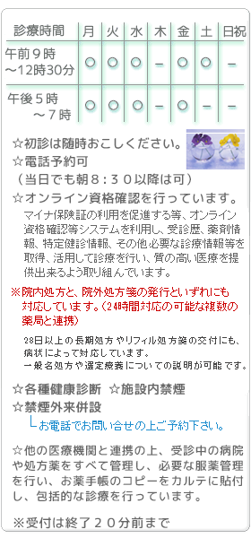 診療時間：月～水・金土午前9時～12時30分、月～水・金午後5時～7時、休診日木曜、土曜午後、日祝。初診は随時お越しください。各種健康診断。禁煙外来併設(予約不要）受付は終了20分前まで。